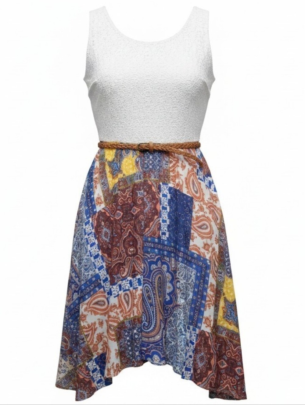 LUXOLOGY | Boho Patchwork Paisley Handkerchief Hem Sleeveless Dress Belted | 10 - Picture 1 of 7